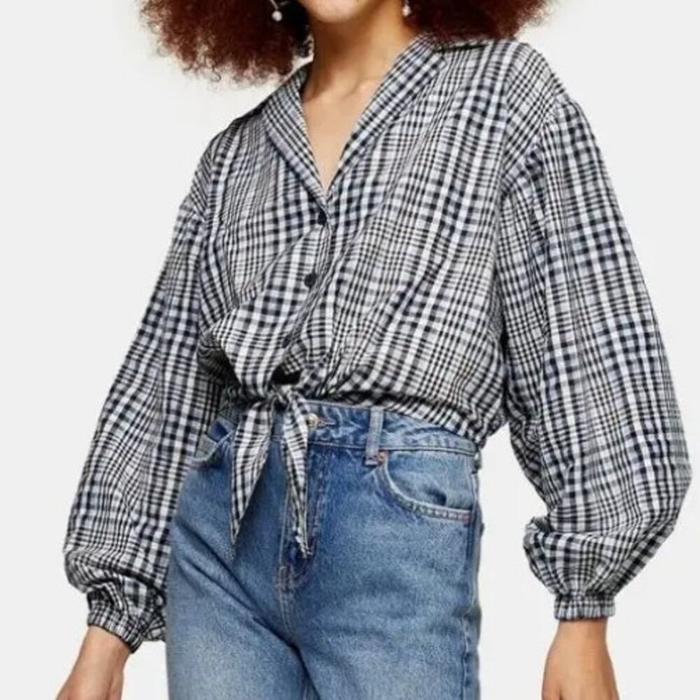 Topshop Shirt Womens 4 Blue Gingham Check Balloon Sleeve Tie Front Top